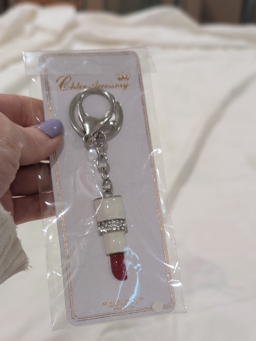 Red Lipstick Charm Keychain Rhinestone & Silver Accents Purse Charm